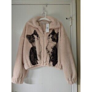 Kimchi Blue Snow Bunny Printed Piled Fleece Zip-Up Jacket (Pink Cat Tapestry)